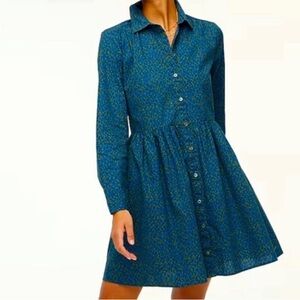 J. Crew Blue Green Floral Print Button Front Shirt Dress Summer Women’s Size 10